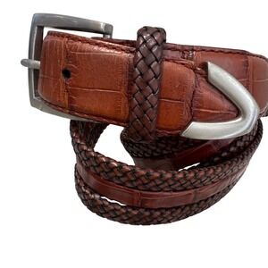 Mens Vintage Braided Belt brown Leather Silver Square Sz 36 M10055